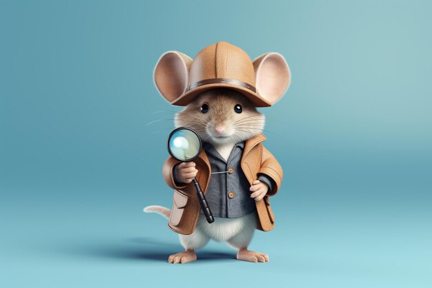 Une souris avec une loupe habillée en détective