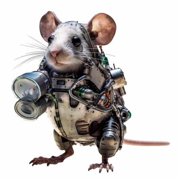 Une souris avec une lumière sur son bras porte un costume de robot.