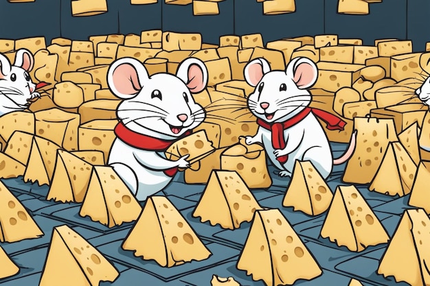 souris mangeant du fromage dans une illustration de bande dessinée de fête