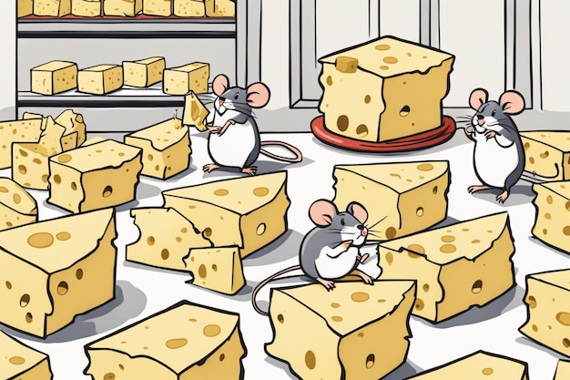 Photo souris mangeant du fromage dans une illustration de bande dessinée de fête