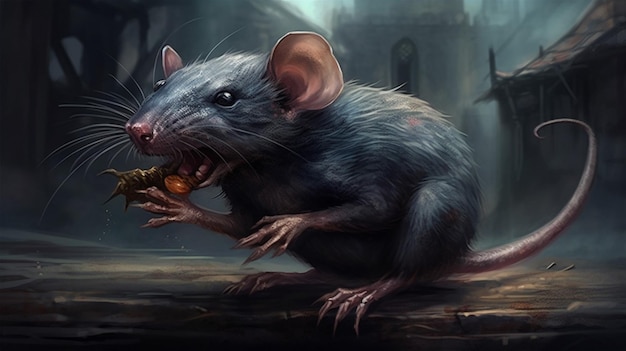 Une souris mangeant une noix dans un environnement sombre