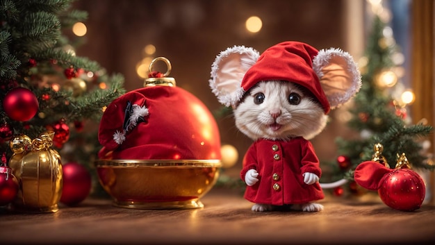 Une souris mignonne dans le chapeau du père Noël.