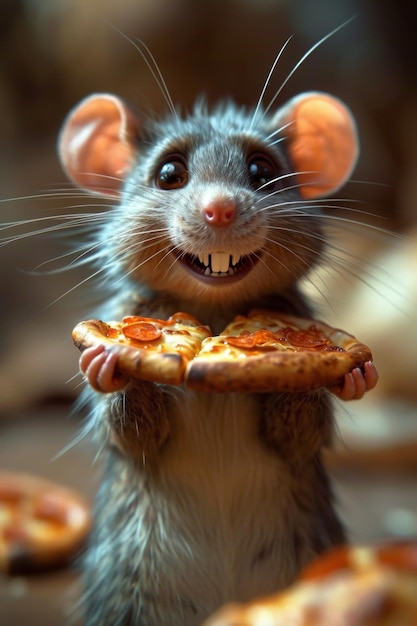 Une souris mignonne heureuse avec une pizza dans les mains illustration 3D