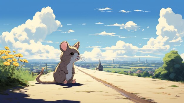 Photo une souris mignonne sur une route céleste des paysages britanniques inspirés d'anime en 32k uhd