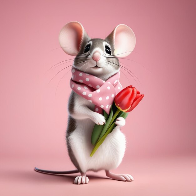 Une souris mignonne avec une tulipane rose sur un fond rose clair La fête des mères La fête de la Saint-Valentin Le concept de la fête des femmes