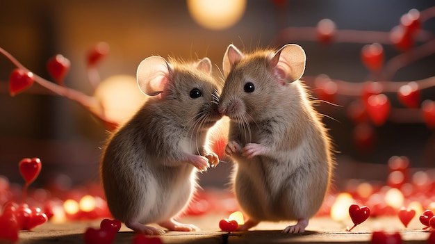 Les souris mignons, la Saint-Valentin, l'amour et l'amitié, les animaux aux cœurs rouges, les amis.