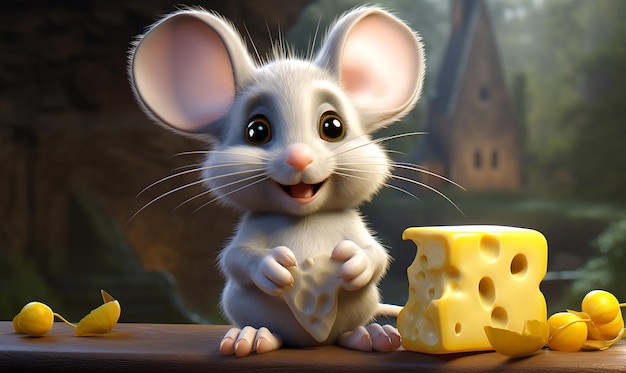 une souris avec un morceau de fromage et un morceaux de fromage