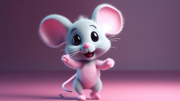 Une souris avec un nez rose et un nez rose se tient sur un fond rose.