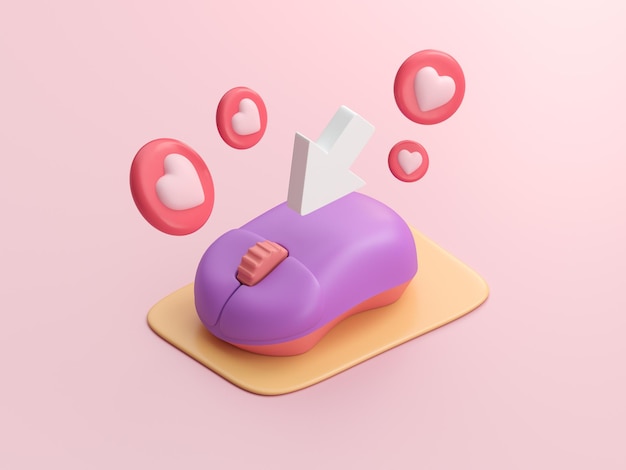 Souris d'ordinateur avec bouton coeur 3D rendu 3D