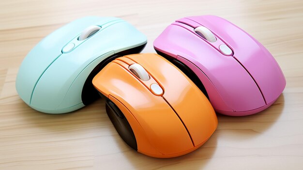 Des souris d'ordinateur colorées en rose clair et orange