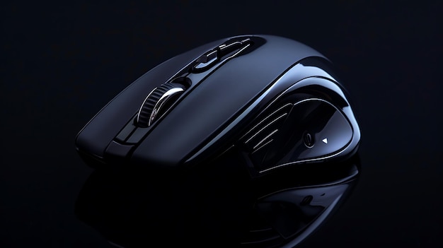 Une souris d'ordinateur sans fil noire élégante s'assoit sur une surface réfléchissante La souris est ergonomique et a un design futuriste