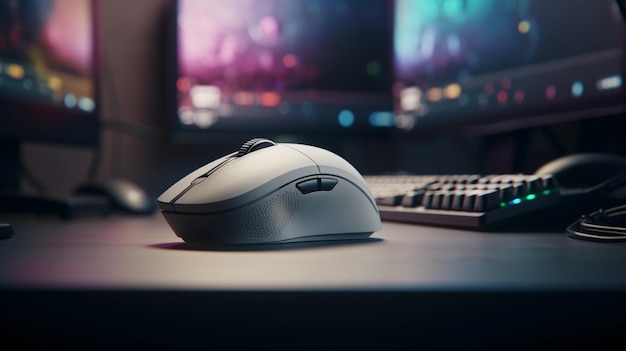 Souris d'ordinateur sur la table devant l'écran d'ordinateur IA générative