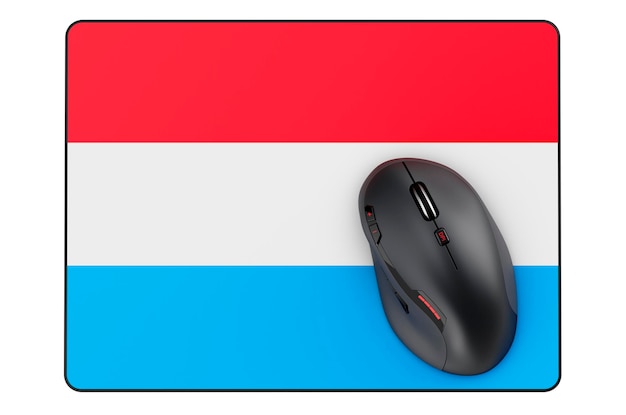 Souris d'ordinateur et tapis de souris avec rendu 3D du drapeau luxembourgeois isolé sur fond blanc