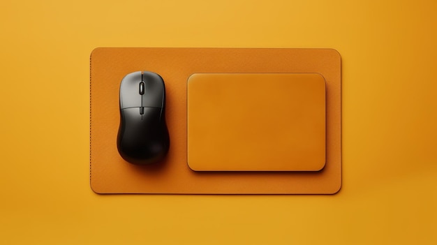 Une souris et un pad sur une surface jaune