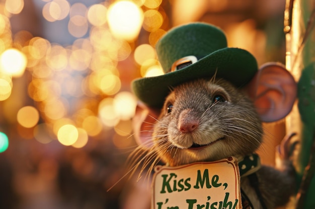 Photo une souris en peluche portant un chapeau vert et tenant un signe irlandais