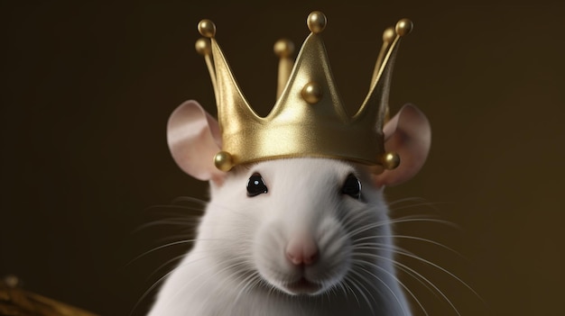 Une souris portant une couronne dorée est assise devant un fond sombre.