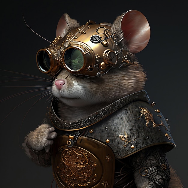 Une souris portant des lunettes et une armure steampunk Generative Ai