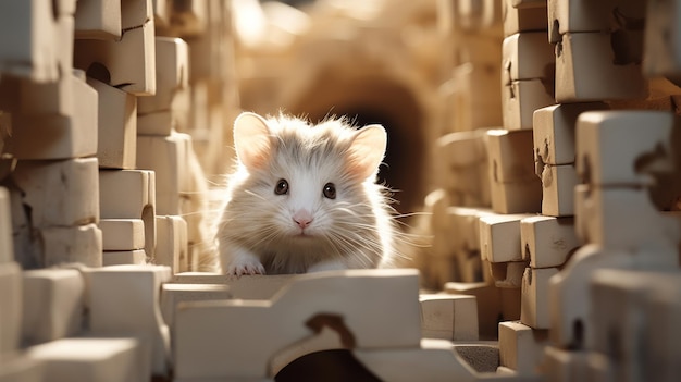 Une souris qui marche dans un labyrinthe dans une pièce