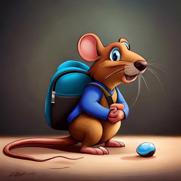 Une souris avec un sac à dos et un backpack bleu qui dit souris dessus.