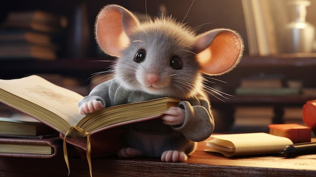 Une souris savante qui lit un livre