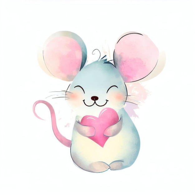 Une souris tenant un coeur à l'aquarelle