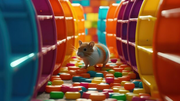 Une souris traverse un tunnel coloré avec des barils en plastique colorés.