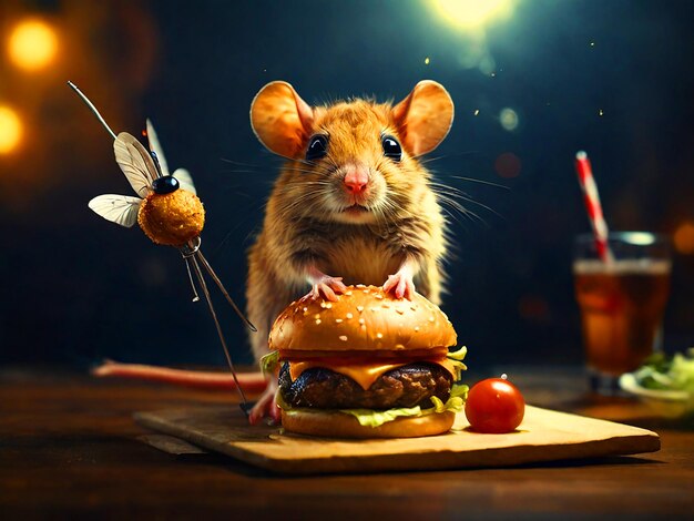 Une souris très mignonne avec de grands yeux bat un brochet de hamburger en métal Burger à poignarder d'en haut d'un grand burg