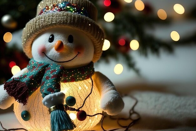 Sous un arbre de Noël décoré de façon festive avec des lumières de guirlande un jouet de bonhomme de neige fait maison