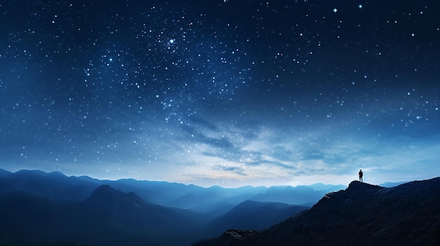 Sous l'arc gracieux de la Voie Lactée, une figure solitaire se tient au sommet d'une montagne entourée d'une nuit étoilée.