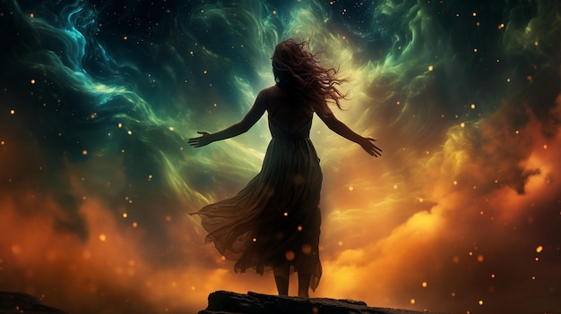Photo sous les aurores boréales, une femme se tient en admiration tandis que les couleurs éthériques dansent au-dessus d'elle.