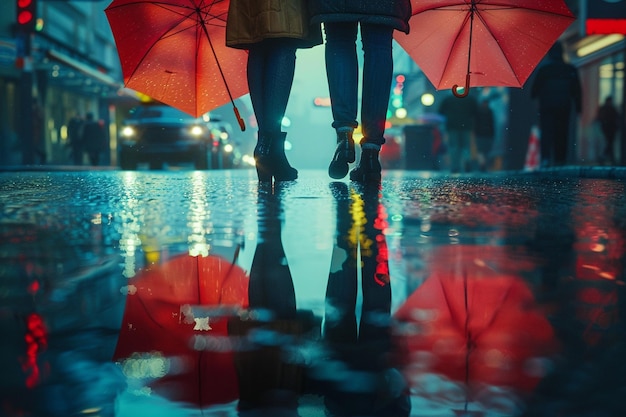 Photo sous la canopée des parapluies, un couple réfléchit à la génération.