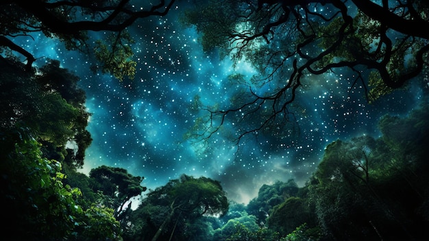 Sous la canopée verdoyante d'une forêt tropicale, le ciel nocturne dévoile sa splendeur.