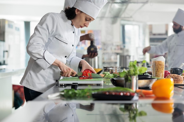 Sous-chef coupant des légumes de poivron rouge pour un plat gastronomique servi au dîner au restaurant. Chef cuisinier dans une cuisine professionnelle cuisinant des aliments biologiques tout en coupant des légumes frais.