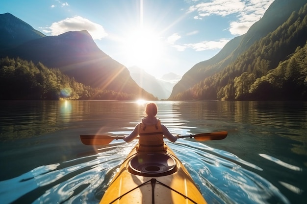 Sous le ciel bleu ensoleillé, une fille pagaye dans un kayak sur un lac serein