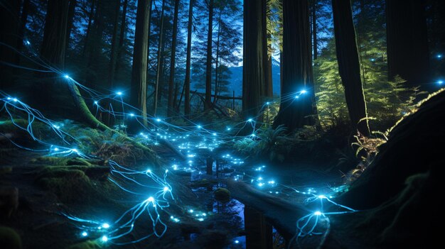 Photo sous un ciel étoilé, un réseau de chemins bioluminescents serpente à travers une forêt.