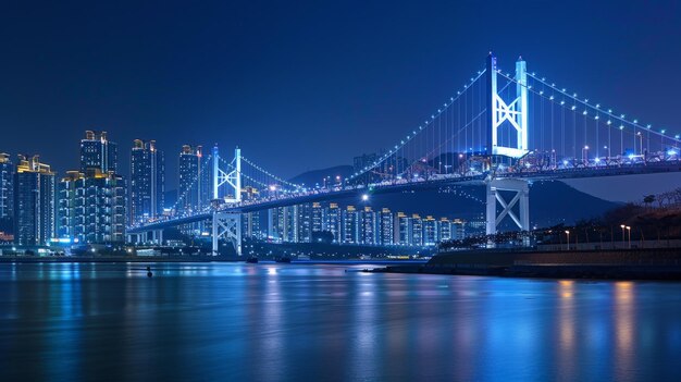 Sous la couverture de l'obscurité, le pont Gwangan témoigne de la modernité et de l'ingéniosité de Busan. Sa présence majestueuse s'illumine sur le fond des lumières scintillantes de la ville.