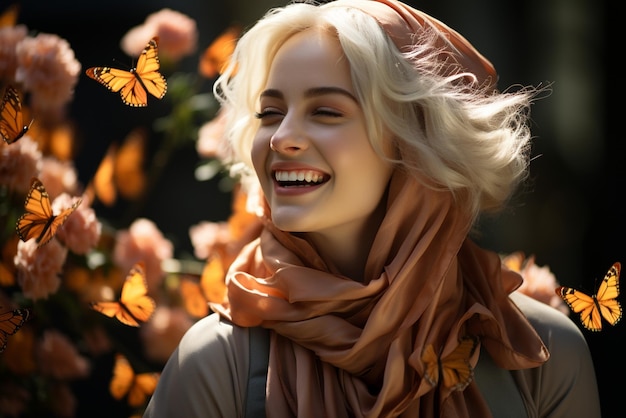 Sous la douce lumière du soleil, une femme portant un hijab dégage une aura joyeuse et heureuse.