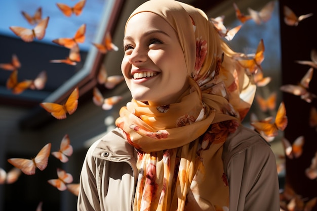 Sous la douce lumière du soleil, une femme portant un hijab dégage une aura joyeuse et heureuse.