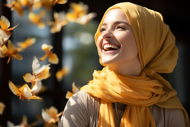 Sous la douce lumière du soleil, une femme portant un hijab dégage une aura joyeuse et heureuse.