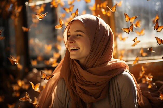 Sous la douce lumière du soleil, une femme portant un hijab dégage une aura joyeuse et heureuse.