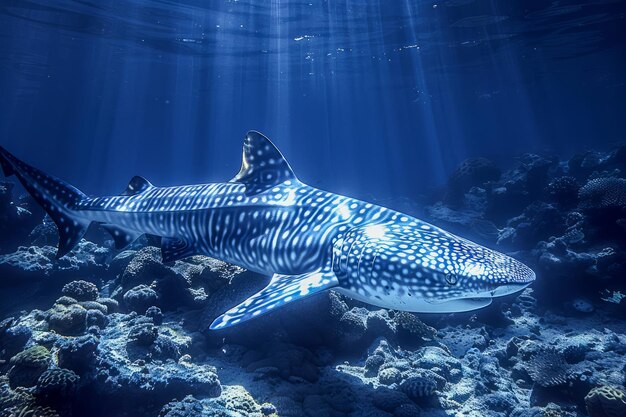 Sous l'eau, le majestueux requin baleine nage dans les eaux bleues cristallines de l'océan avec les rayons du soleil.