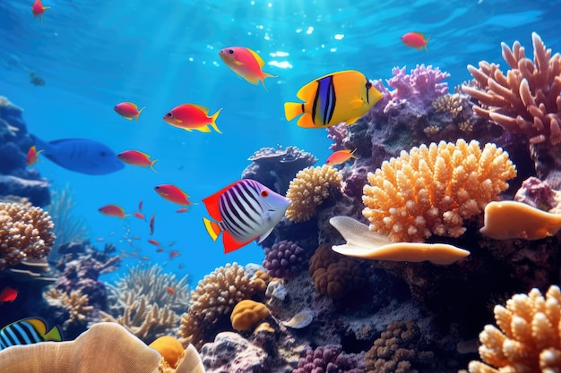 Sous l'eau avec des poissons et des plantes marines colorés au fond de la mer Paysage de corail coloré