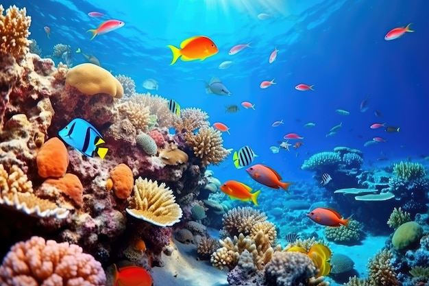 Sous l'eau avec des poissons et des plantes marines colorés au fond de la mer Paysage de corail coloré