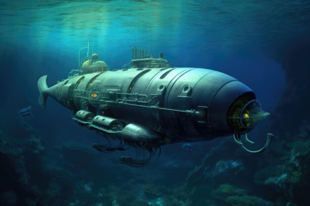 Photo sous-marin à forme hydrodynamique dans les profondeurs océaniques créé avec un ai génératif