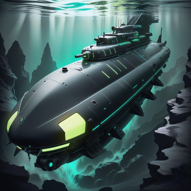 Sous-marin noir sous l'eau avec une couleur verte fluorescente sous l'eau