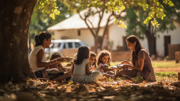 Photo sous l'ombre d'un arbre, une famille se réunit pour un pique-nique. leur rire et leur nourriture partagée en sont un exemple.