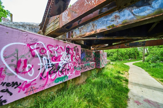 Sous le pont du train avec des graffitis sur le mur rose et du métal en corrosion sur le pont le long du sentier du parc
