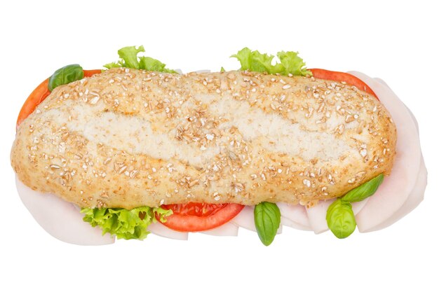 Sous-sandwich baguette de grains entiers avec jambon d'en haut isolé sur blanc