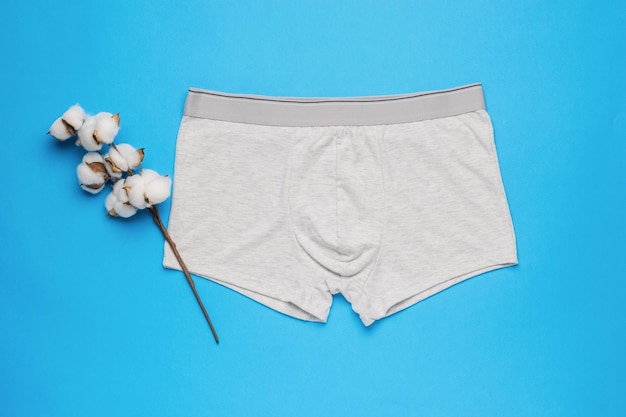 Sous-vêtements légers pour hommes et brin de coton sur fond bleu Concept minimal de sous-vêtements pour hommes