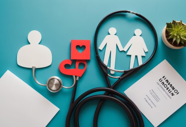 Photo souscrire à une assurance maladie pour la famille stéthoscope cœur en papier et silhouette de la famille sur fond en bois vue supérieure